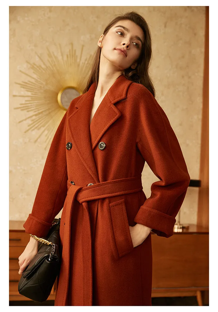 High quality luxury double breasted belted ladies plus size coats cashmere wool coat women