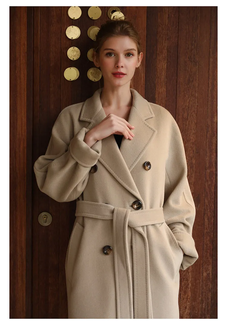 High quality luxury double breasted belted ladies plus size coats cashmere wool coat women