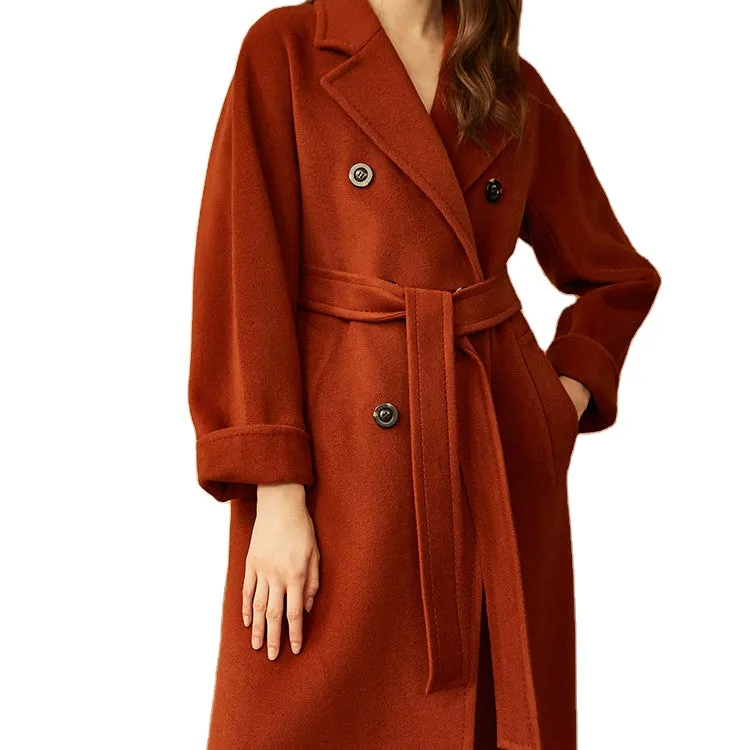 High quality luxury double breasted belted ladies plus size coats cashmere wool coat women