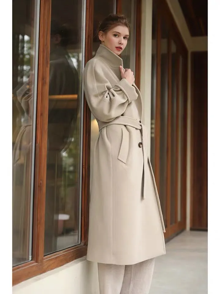 High quality luxury double breasted belted ladies plus size coats cashmere wool coat women