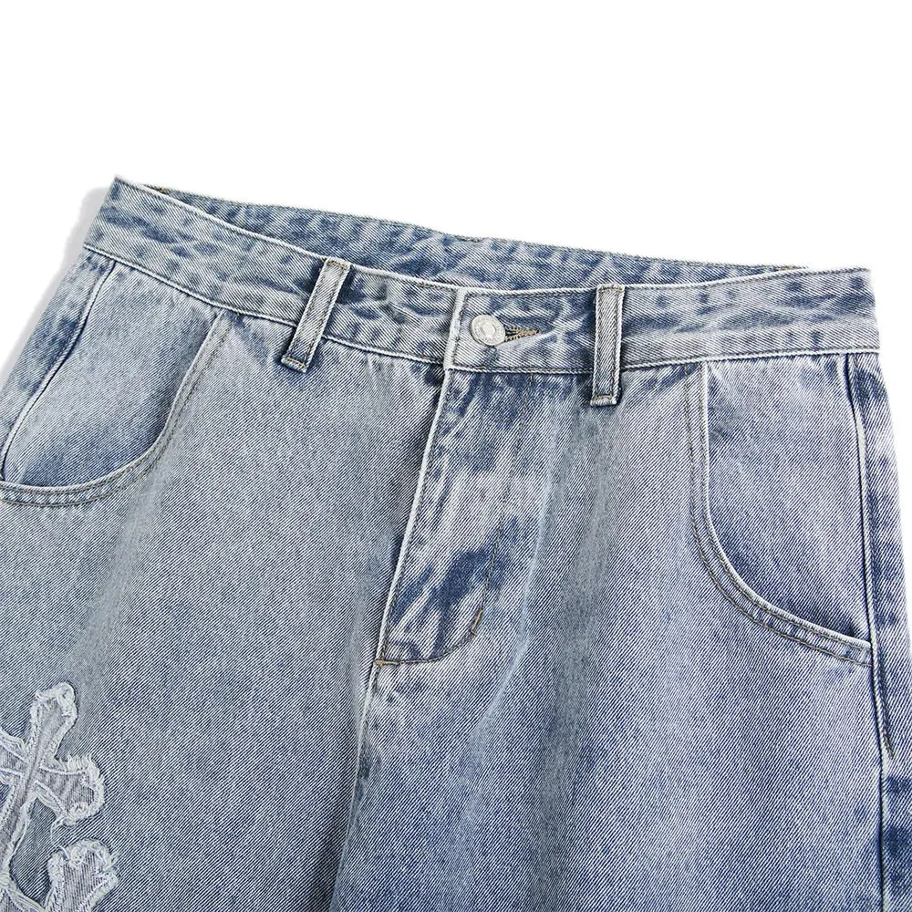 High Street Jeans Men Cross Graphic Baggy Denim Pants Unisex Young Streetwear Blue Loose Punk Casual Fashion Y2k Trousers Summer