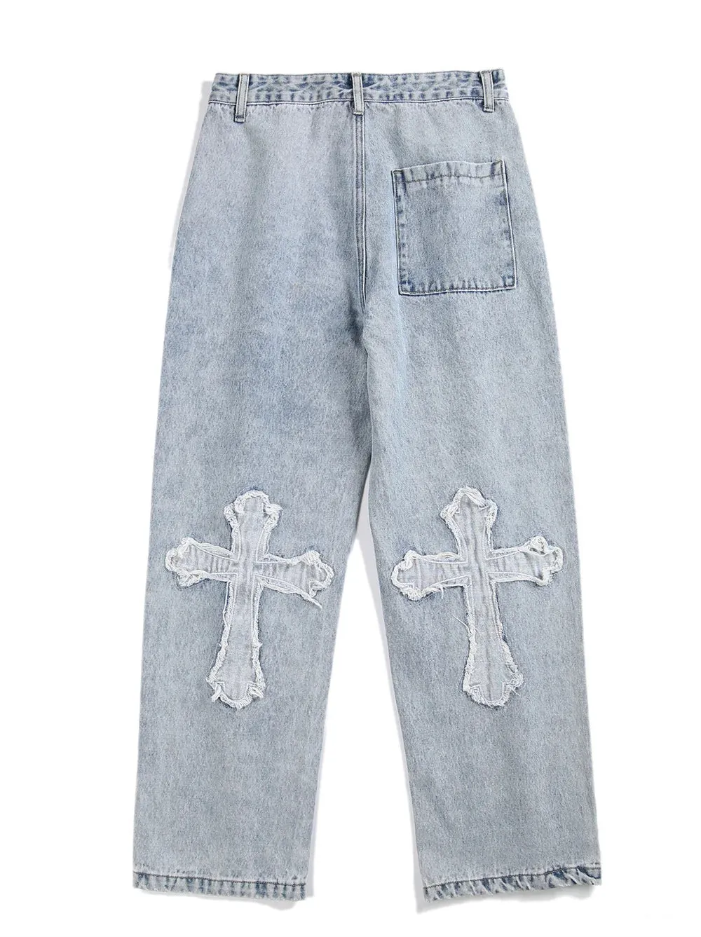 High Street Jeans Men Cross Graphic Baggy Denim Pants Unisex Young Streetwear Blue Loose Punk Casual Fashion Y2k Trousers Summer