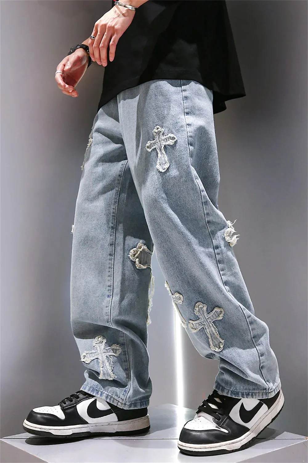High Street Jeans Men Cross Graphic Baggy Denim Pants Unisex Young Streetwear Blue Loose Punk Casual Fashion Y2k Trousers Summer