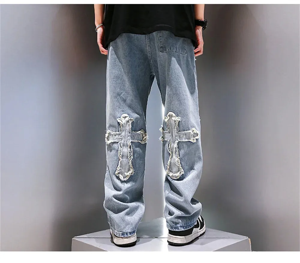 High Street Jeans Men Cross Graphic Baggy Denim Pants Unisex Young Streetwear Blue Loose Punk Casual Fashion Y2k Trousers Summer