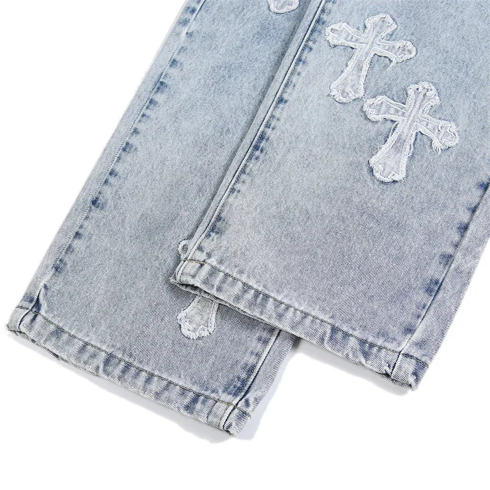 High Street Jeans Men Cross Graphic Baggy Denim Pants Unisex Young Streetwear Blue Loose Punk Casual Fashion Y2k Trousers Summer