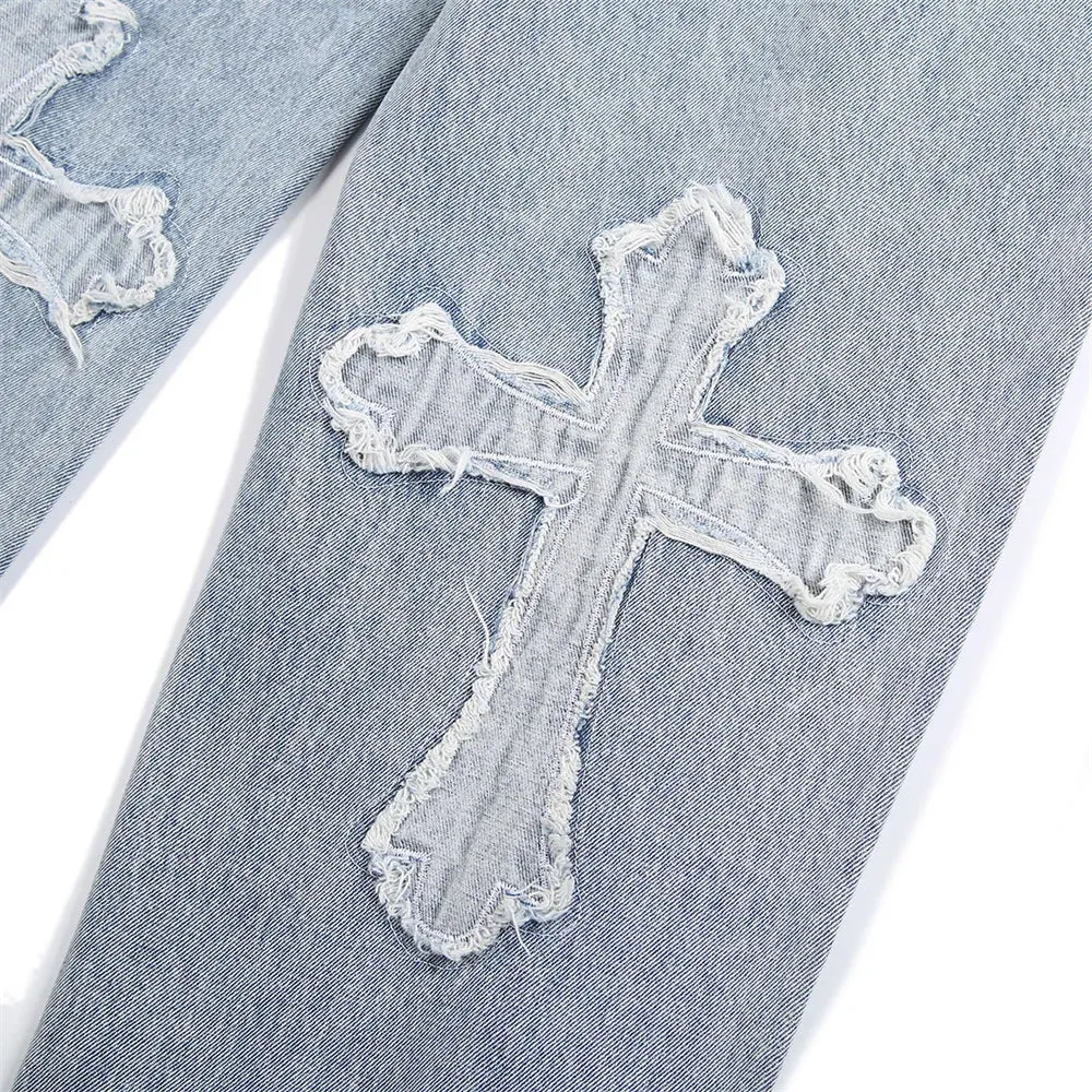 High Street Jeans Men Cross Graphic Baggy Denim Pants Unisex Young Streetwear Blue Loose Punk Casual Fashion Y2k Trousers Summer