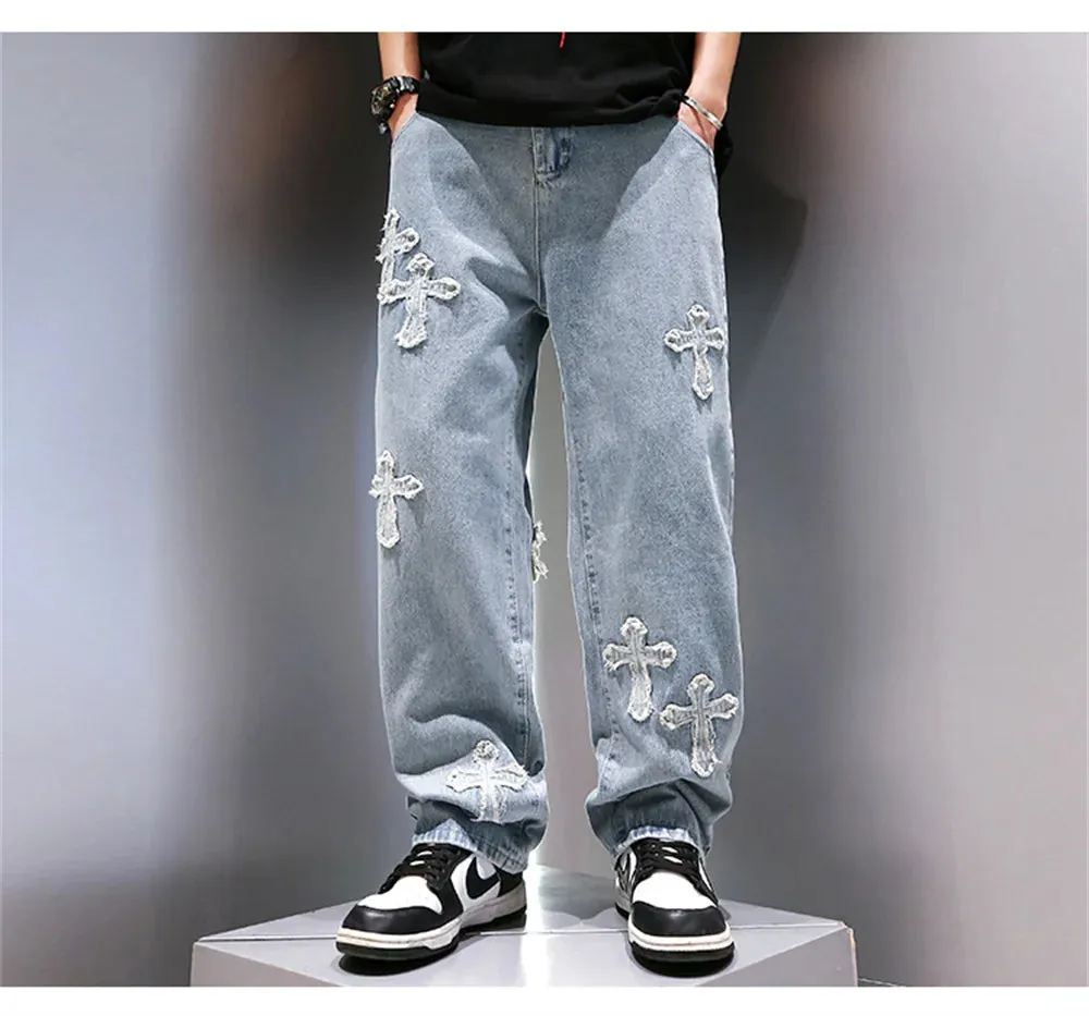 High Street Jeans Men Cross Graphic Baggy Denim Pants Unisex Young Streetwear Blue Loose Punk Casual Fashion Y2k Trousers Summer