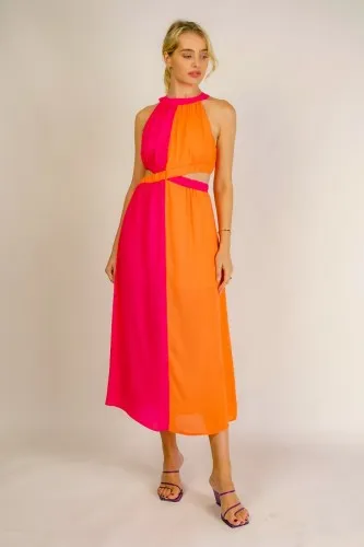 Hot Pink   Orange Mix Cutout Dress