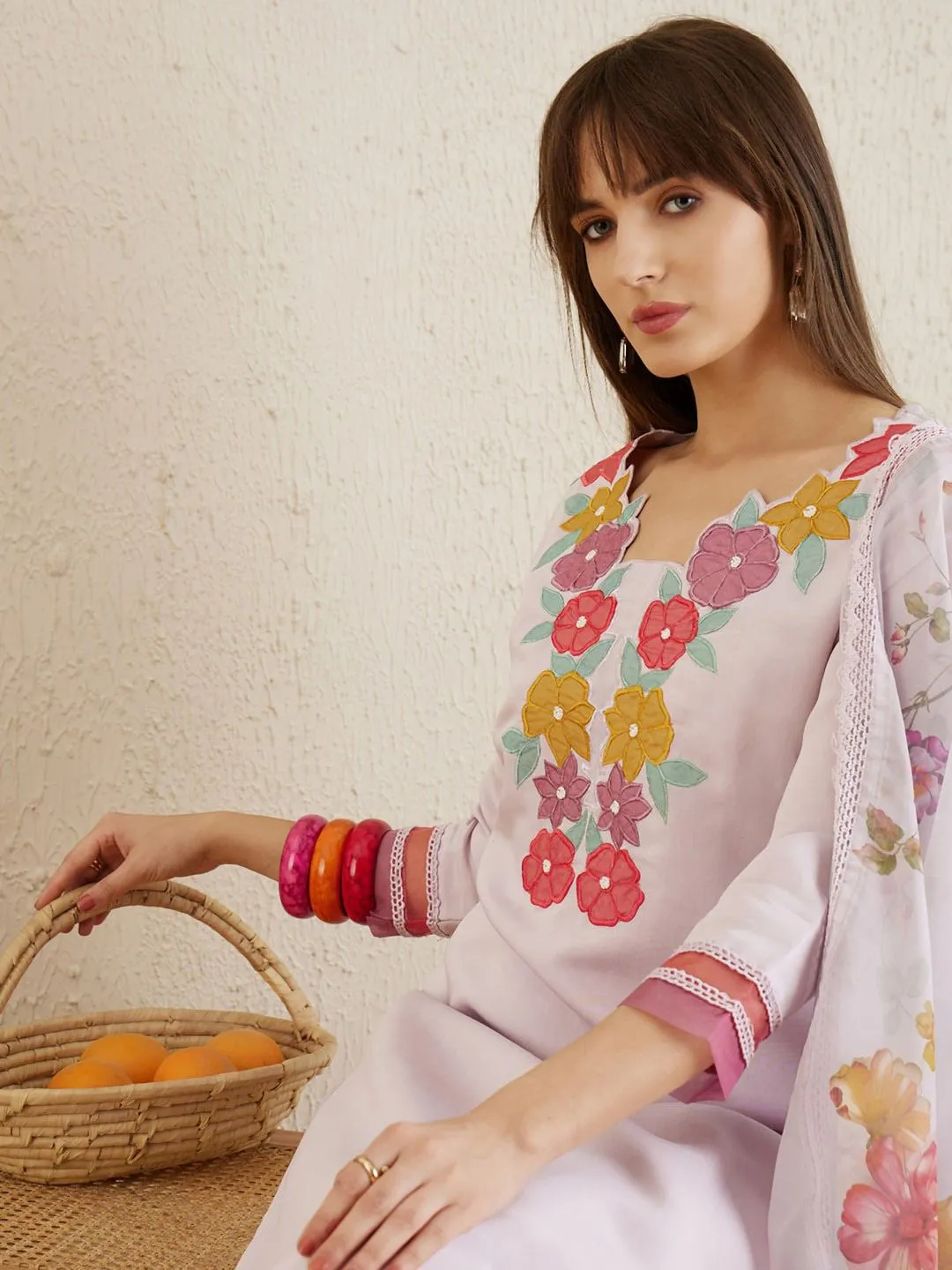 Indo Era Floral Embroidered Regular Patchwork Kurta with Trousers & Dupatta