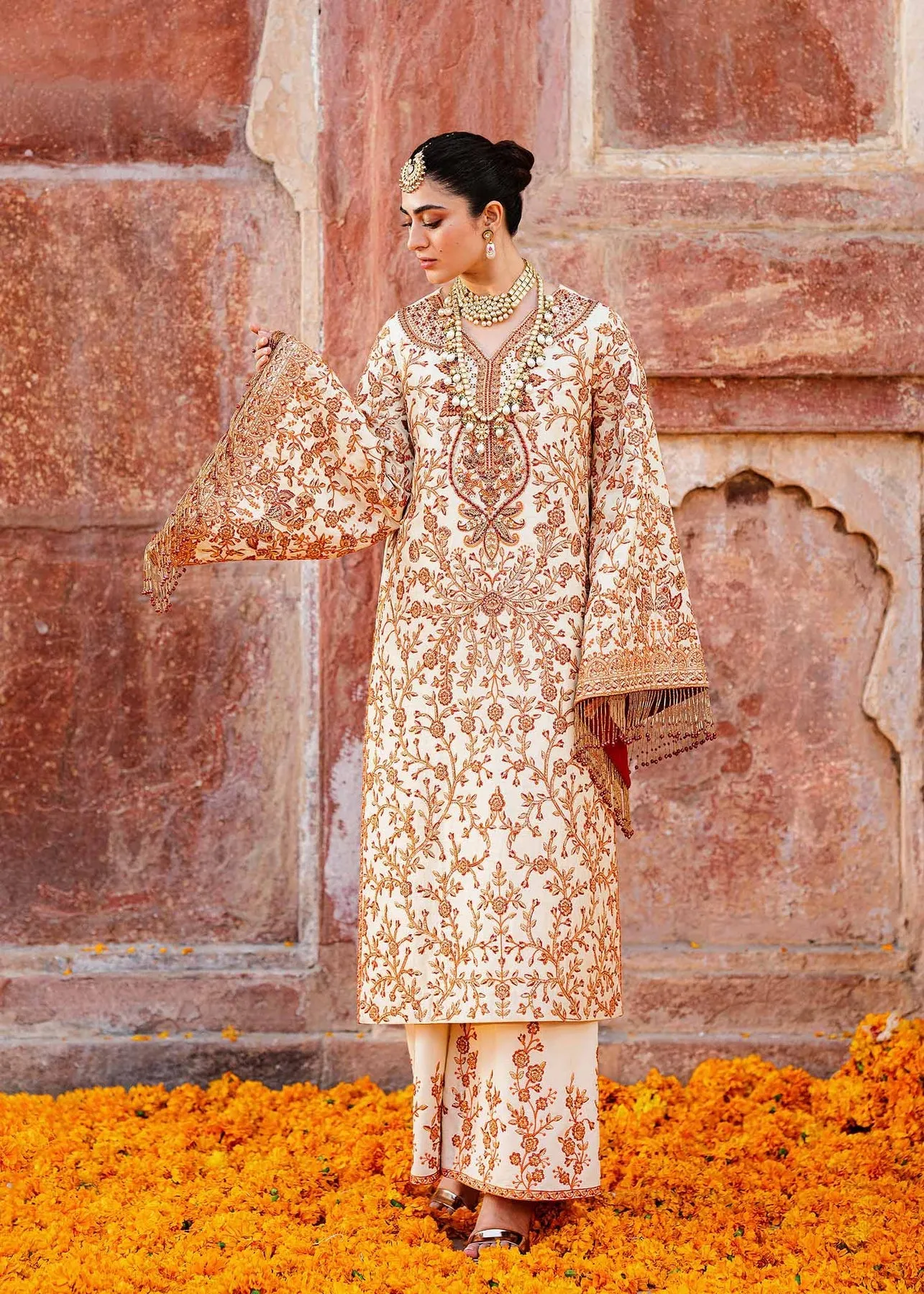 Ivory Shade Gold Embellished Pakistani Salwar Kameez Dupatta Suit