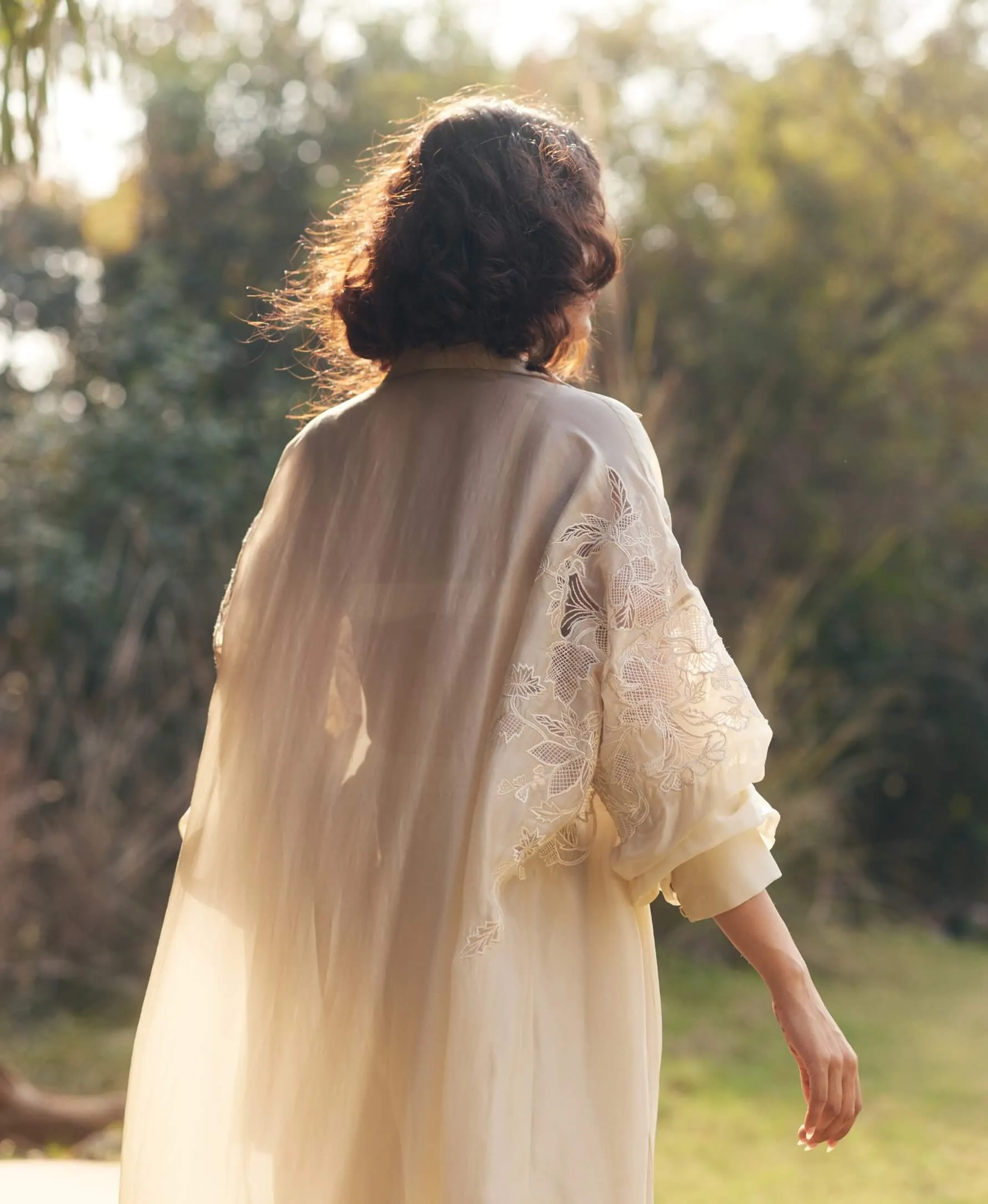 Ivory vintage embroidered jacket and pant set