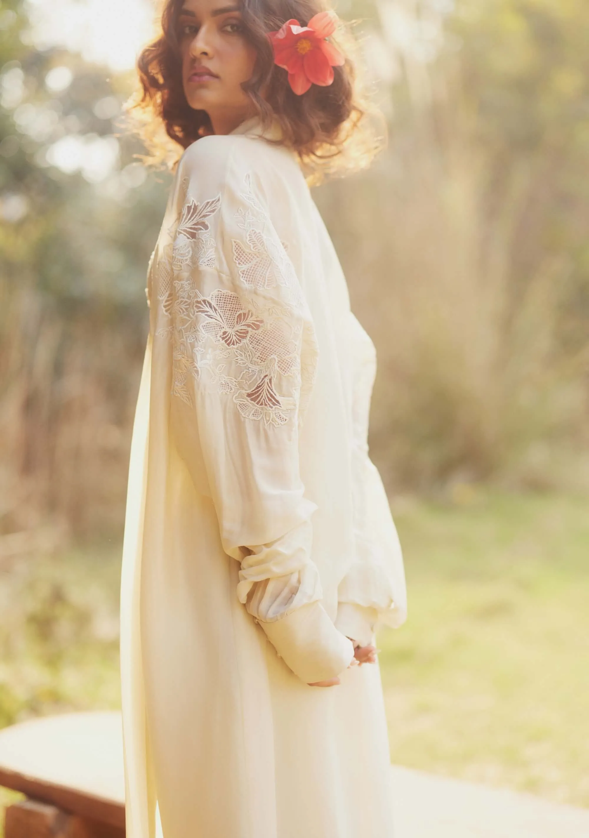 Ivory vintage embroidered jacket and pant set