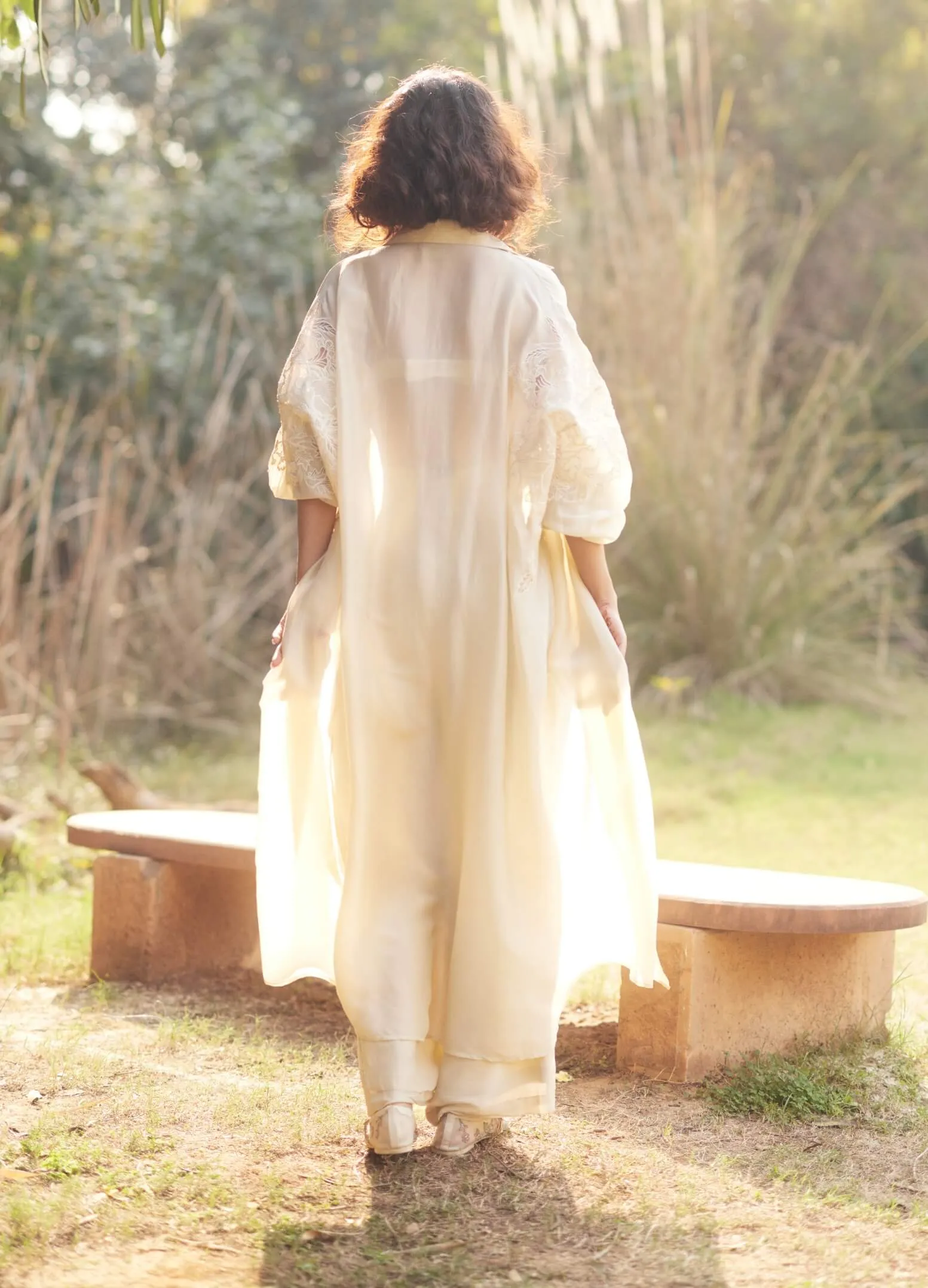 Ivory vintage embroidered jacket and pant set