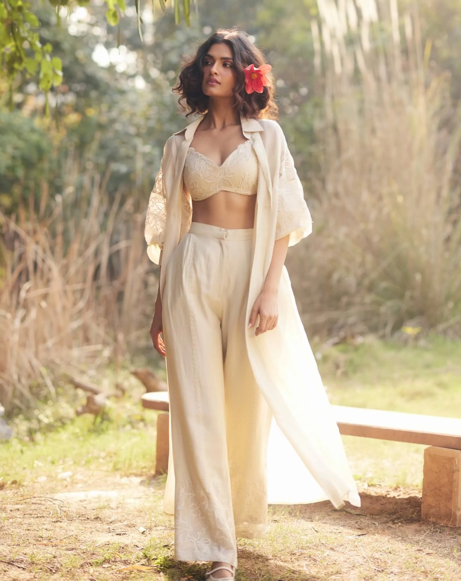 Ivory vintage embroidered jacket and pant set