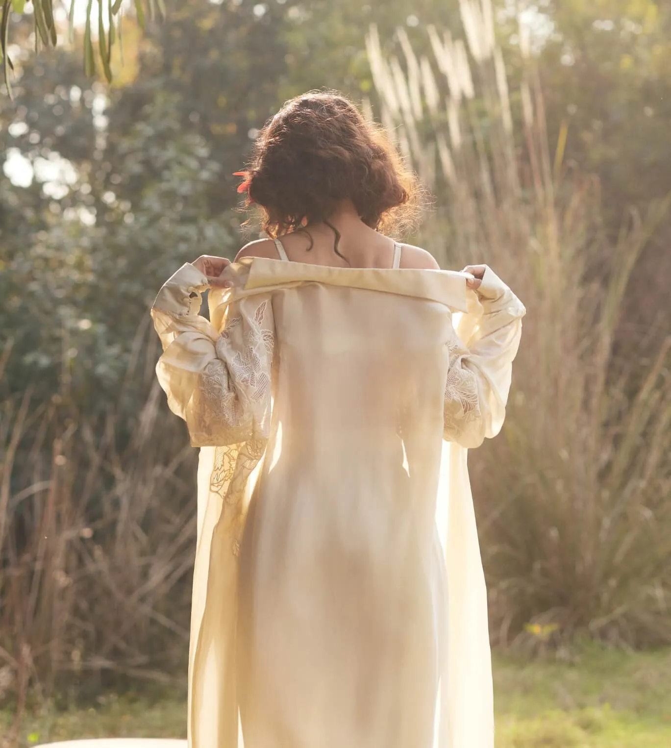 Ivory vintage embroidered jacket and pant set