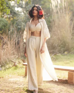 Ivory vintage embroidered jacket and pant set