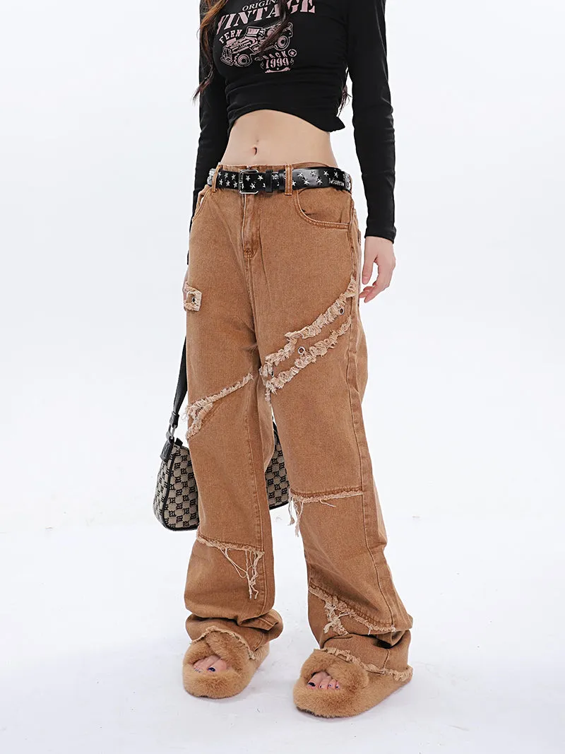 Jack Faux Ripped Patchwork Denim Jeans Straight Leg Pants