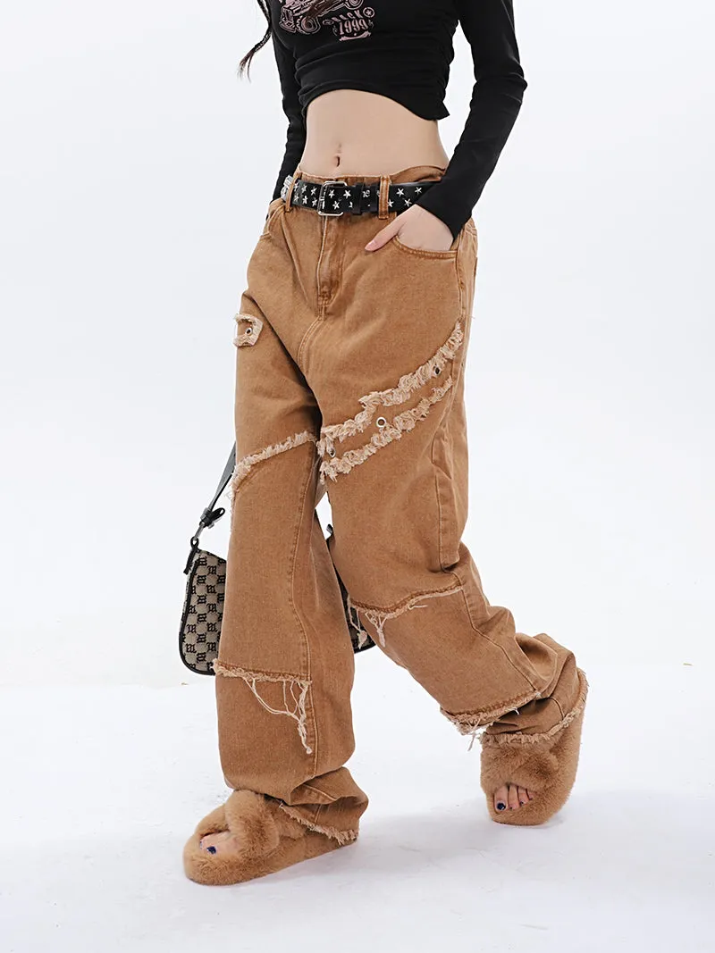 Jack Faux Ripped Patchwork Denim Jeans Straight Leg Pants