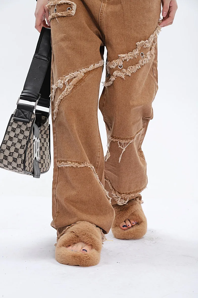 Jack Faux Ripped Patchwork Denim Jeans Straight Leg Pants