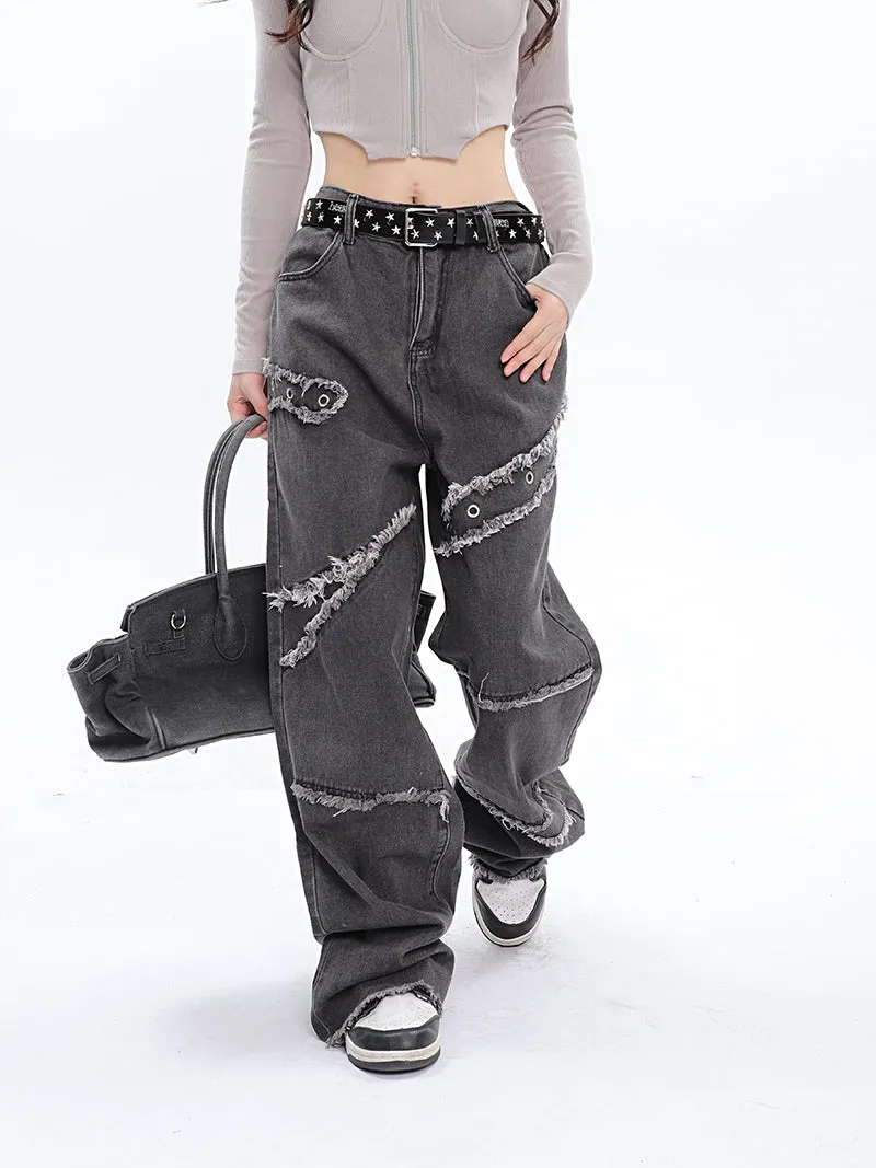 Jack Faux Ripped Patchwork Denim Jeans Straight Leg Pants