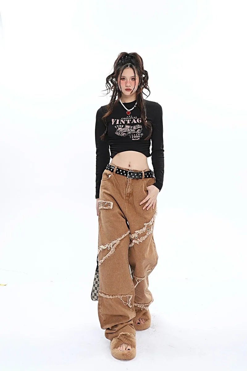 Jack Faux Ripped Patchwork Denim Jeans Straight Leg Pants