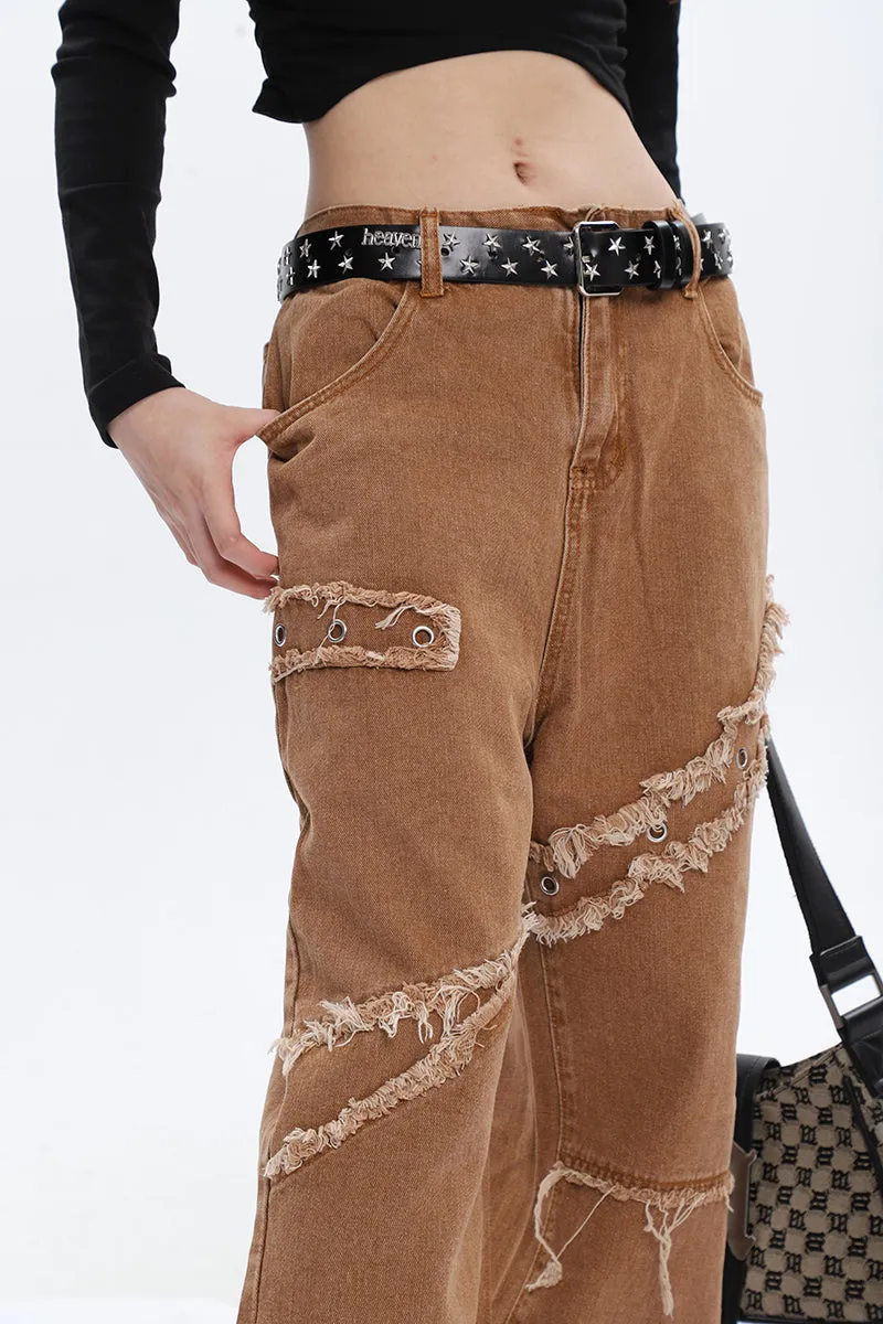 Jack Faux Ripped Patchwork Denim Jeans Straight Leg Pants