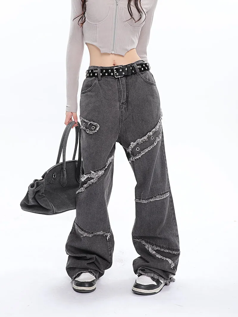 Jack Faux Ripped Patchwork Denim Jeans Straight Leg Pants