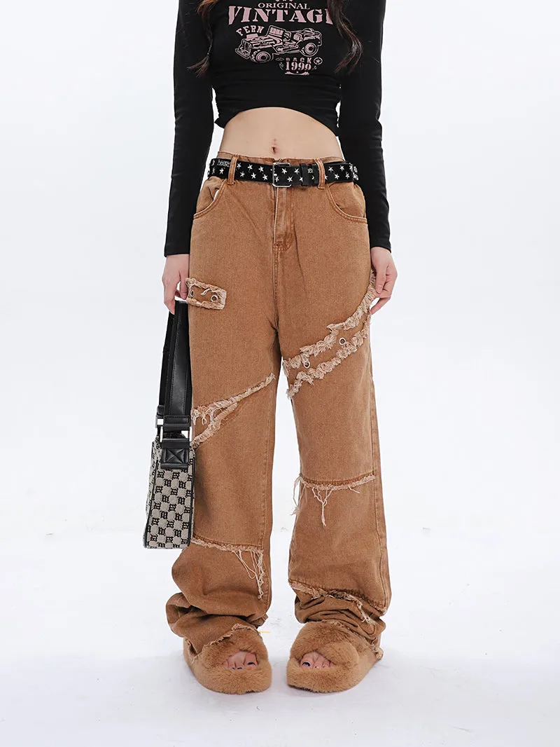 Jack Faux Ripped Patchwork Denim Jeans Straight Leg Pants