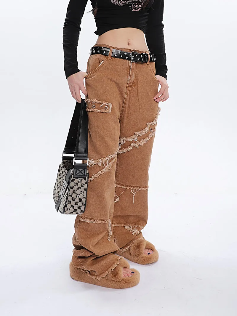 Jack Faux Ripped Patchwork Denim Jeans Straight Leg Pants