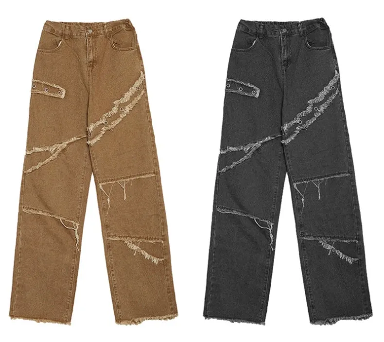 Jack Faux Ripped Patchwork Denim Jeans Straight Leg Pants