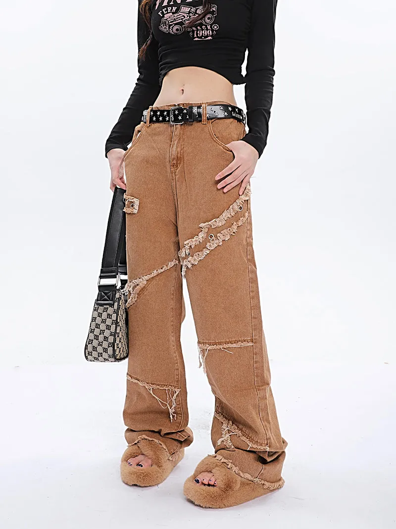 Jack Faux Ripped Patchwork Denim Jeans Straight Leg Pants