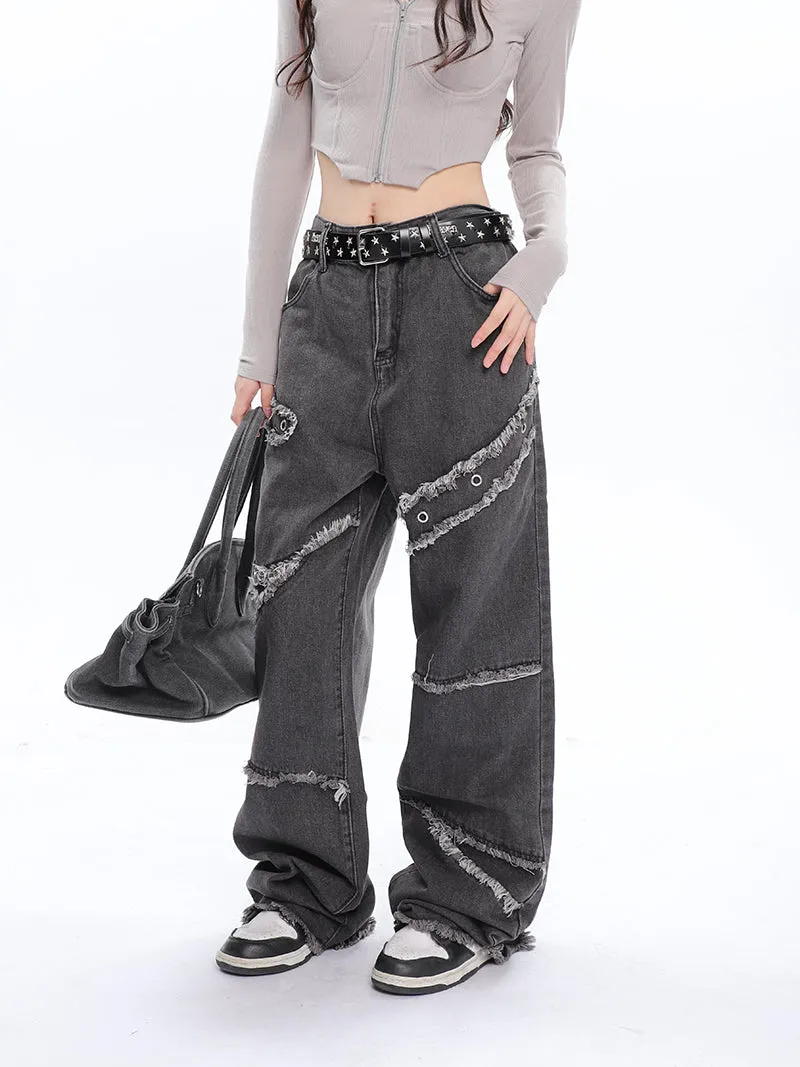 Jack Faux Ripped Patchwork Denim Jeans Straight Leg Pants