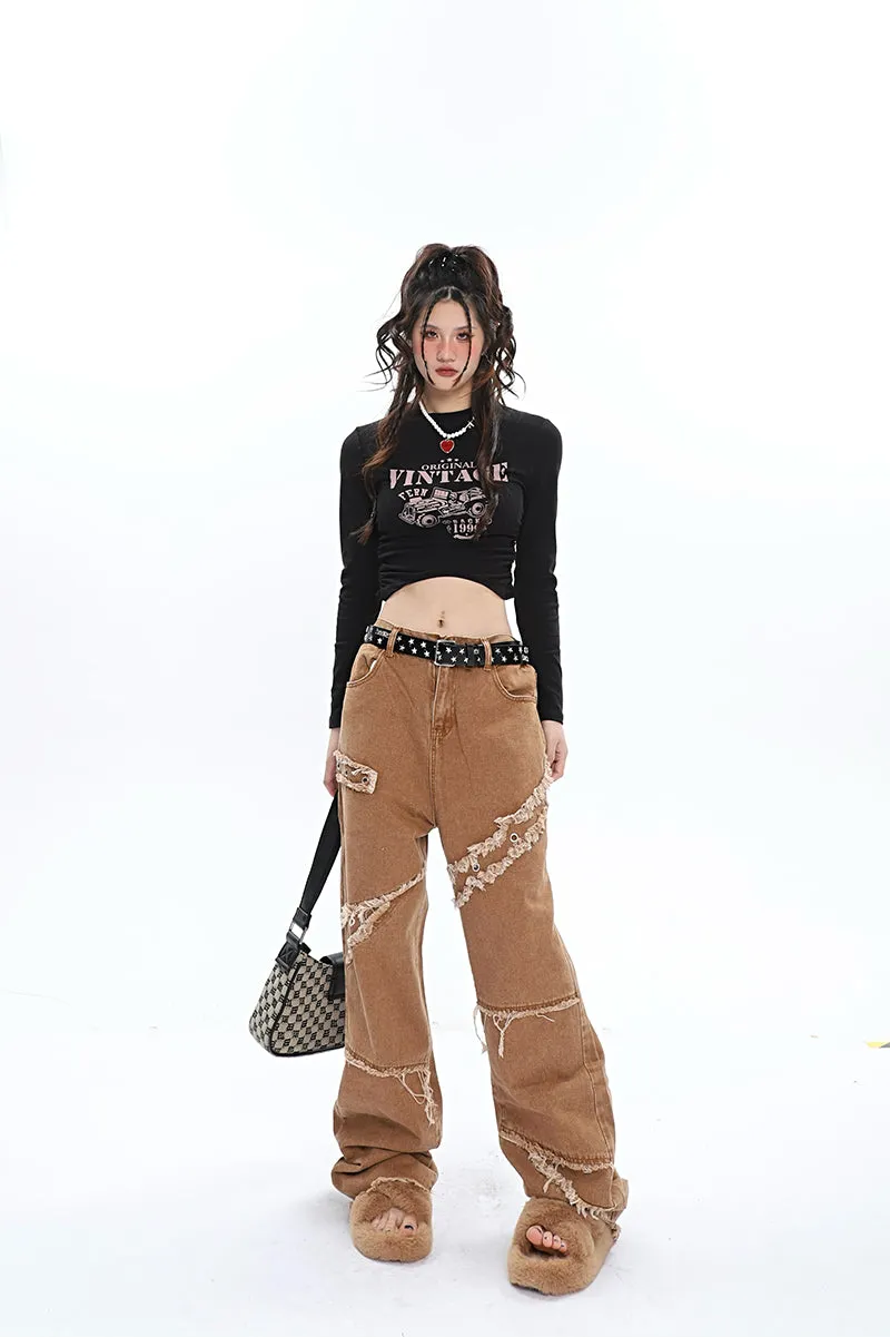 Jack Faux Ripped Patchwork Denim Jeans Straight Leg Pants