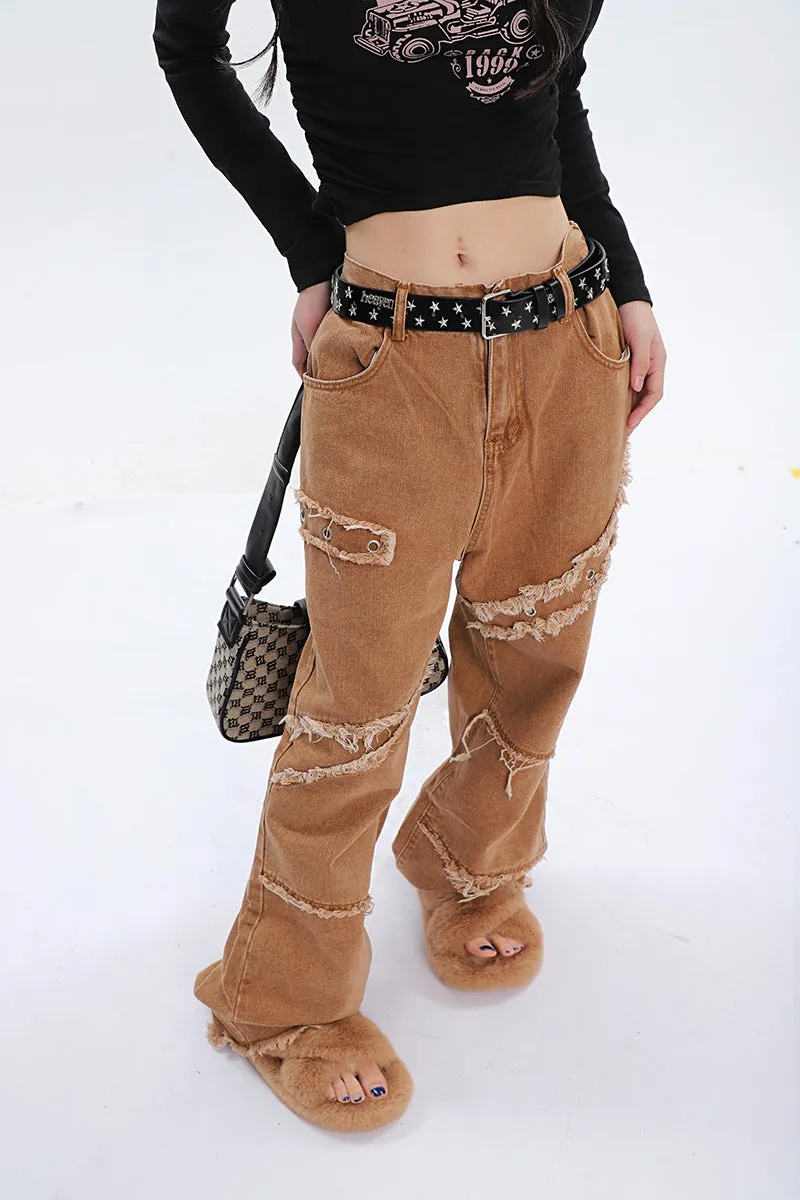 Jack Faux Ripped Patchwork Denim Jeans Straight Leg Pants