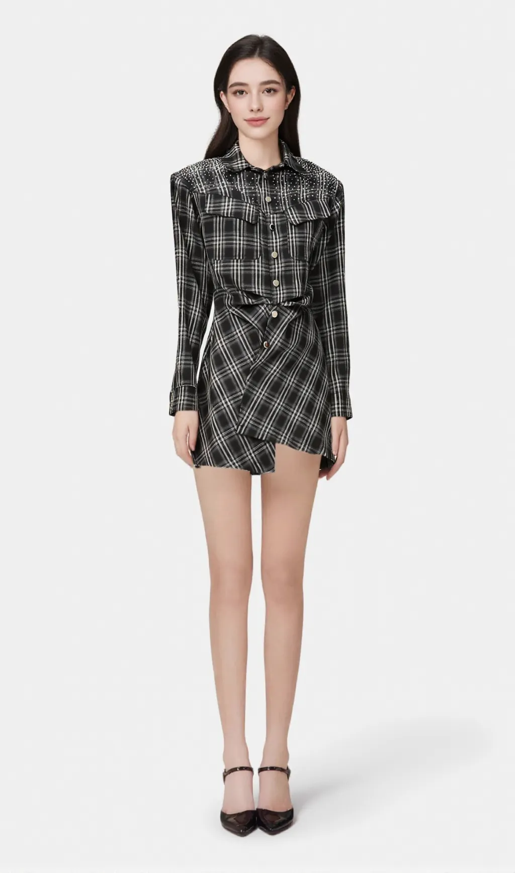 Jeannette black studded check mini shirt dress
