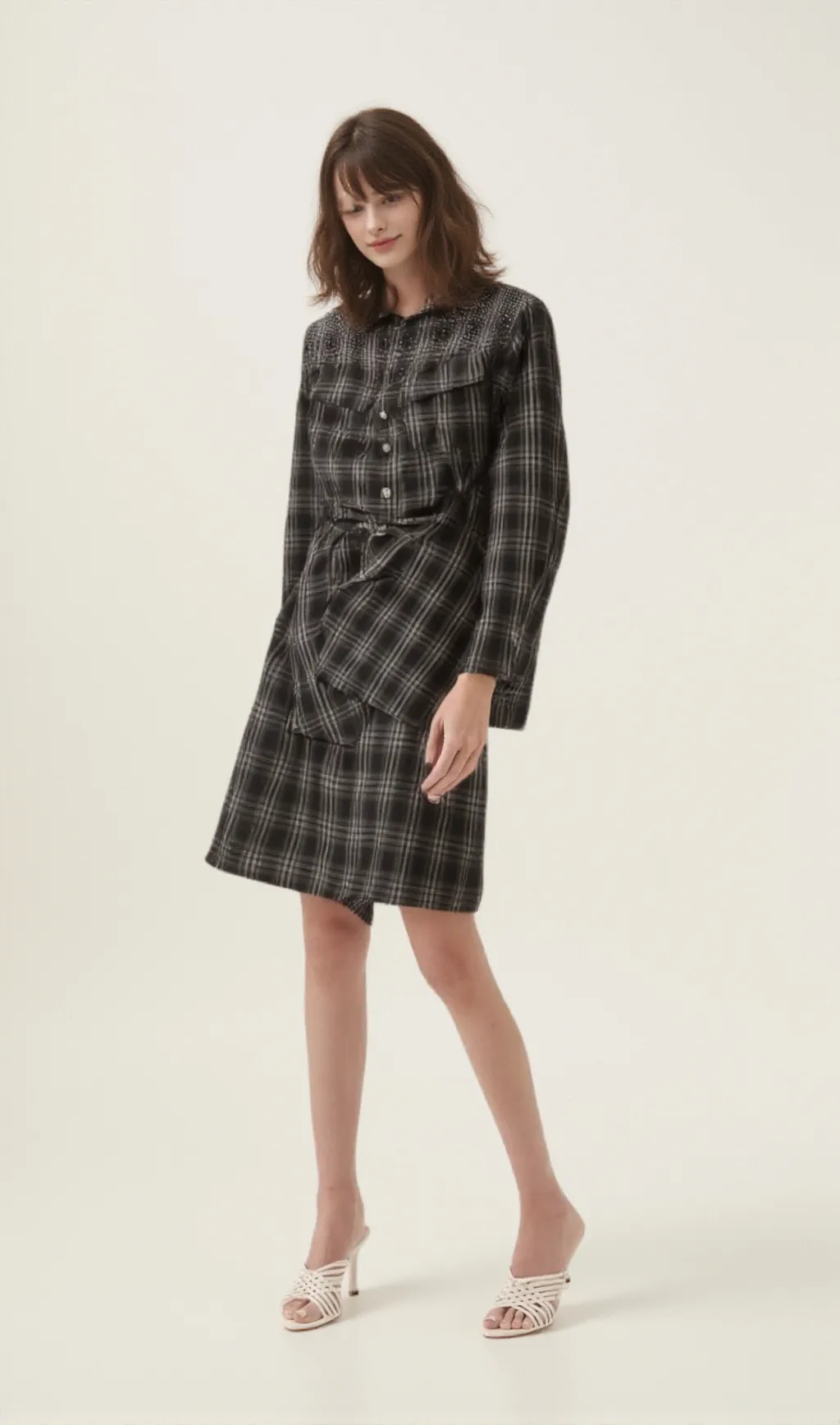 Jeannette black studded check mini shirt dress