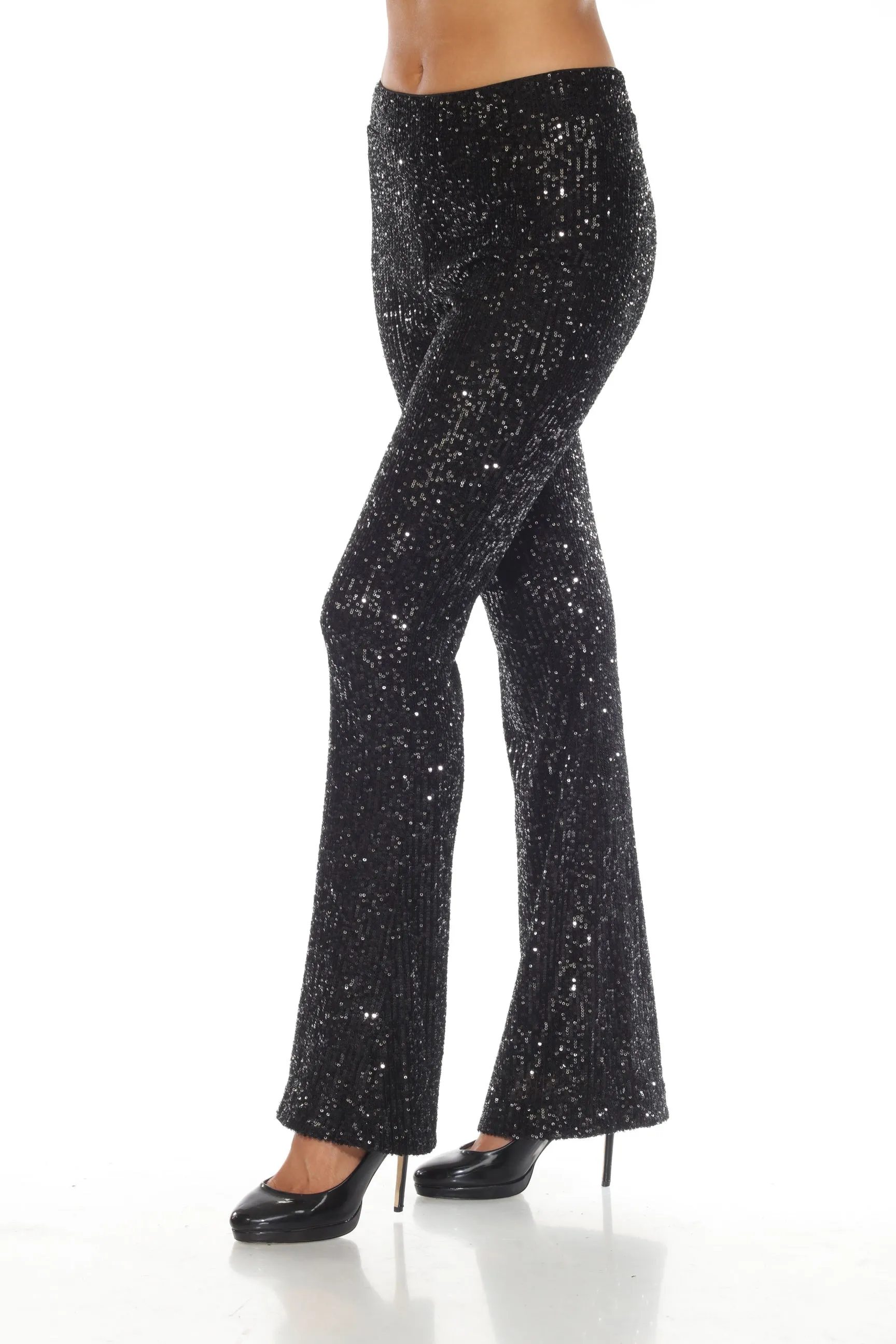 Joseph Ribkoff Black Sequined High-Waist Flared Trouser Pants 244934