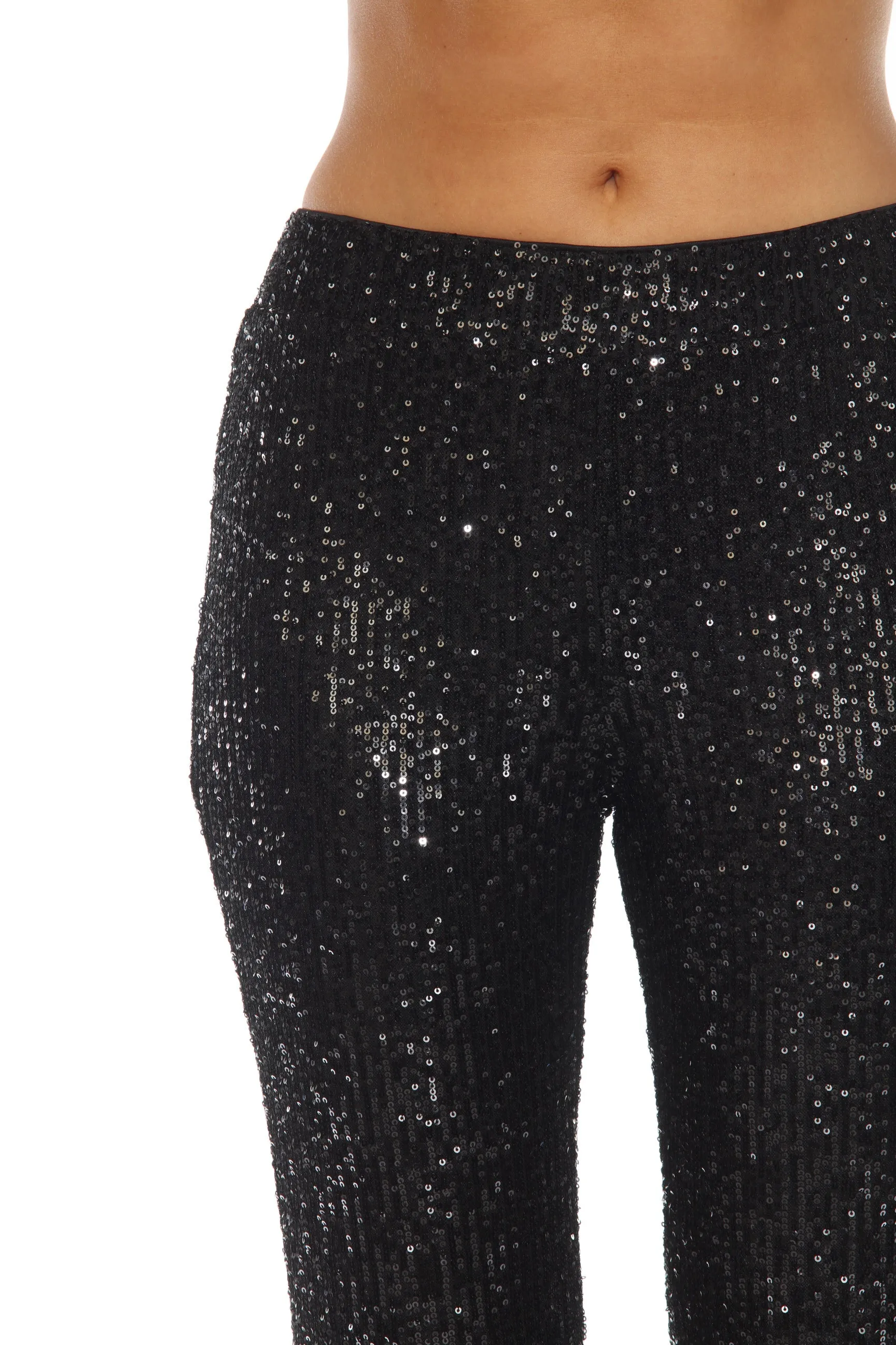 Joseph Ribkoff Black Sequined High-Waist Flared Trouser Pants 244934