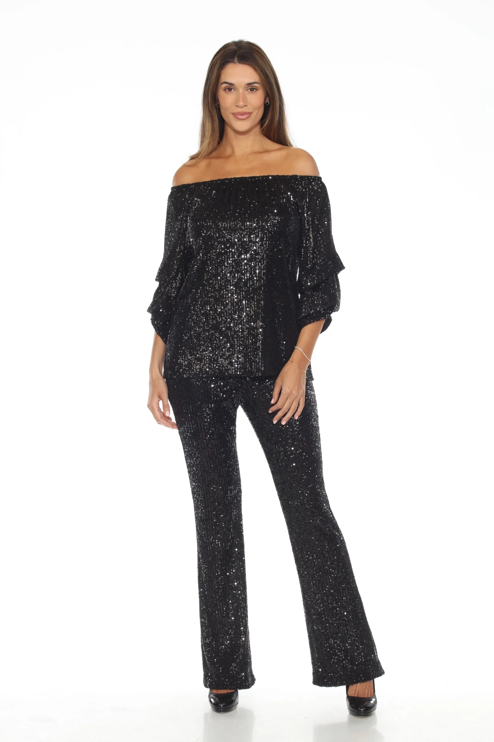 Joseph Ribkoff Black Sequined High-Waist Flared Trouser Pants 244934
