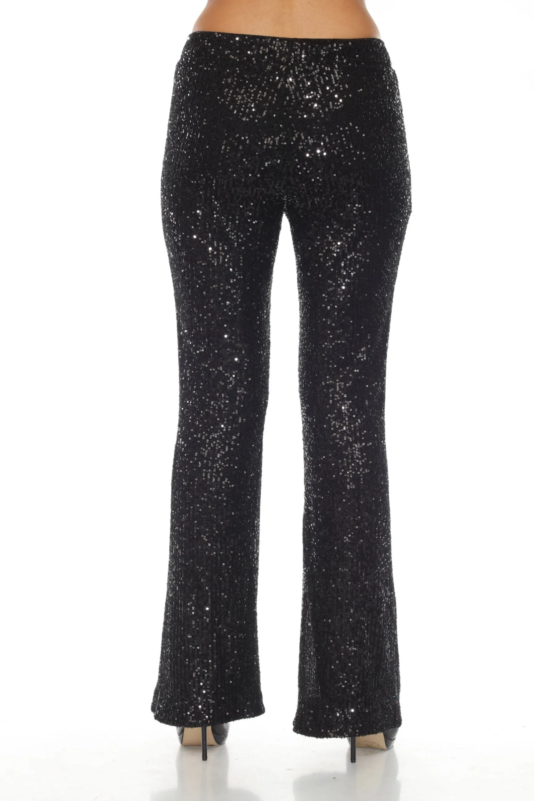 Joseph Ribkoff Black Sequined High-Waist Flared Trouser Pants 244934