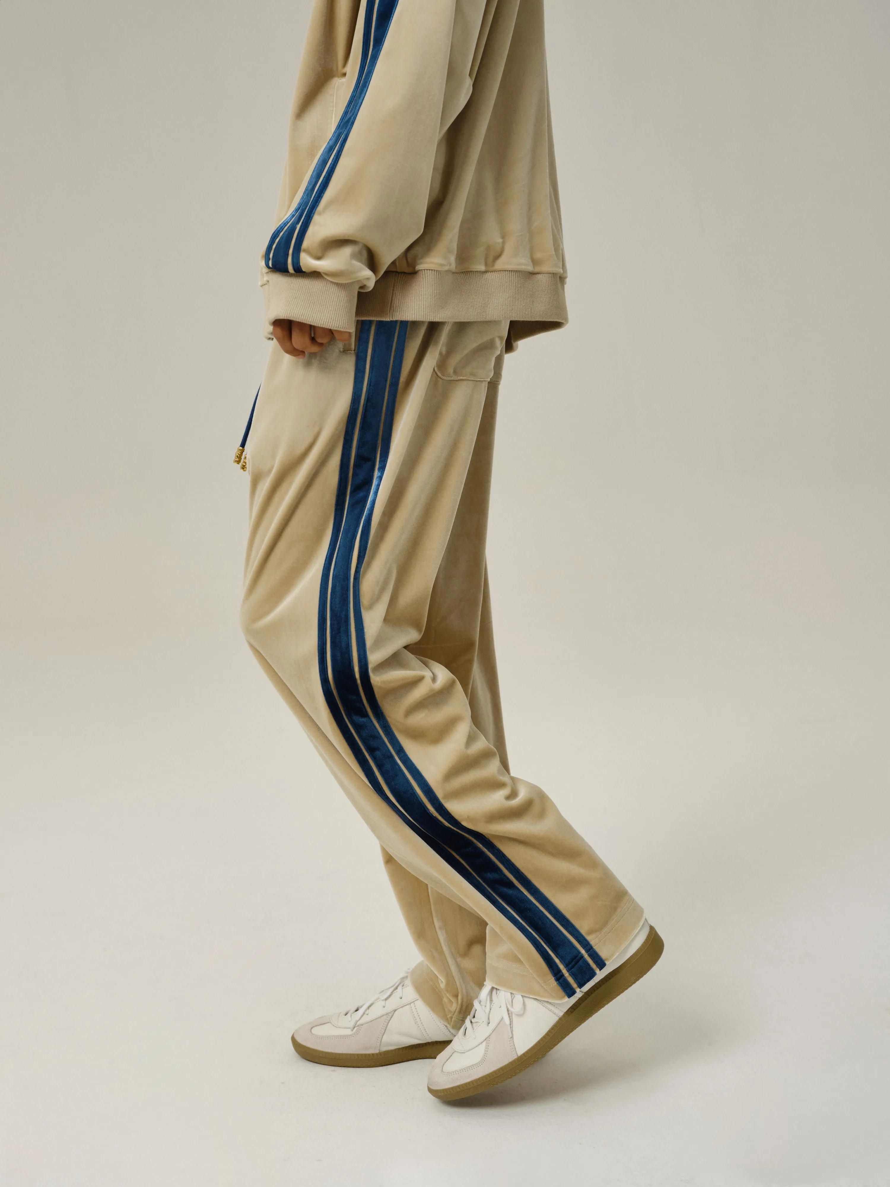 Khaki Velvet Stripe Patchwork Trousers