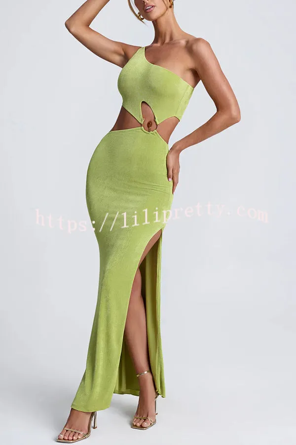 Kimora One Shoulder Cutout Detail Asymmetric Slit Stretch Maxi Dress
