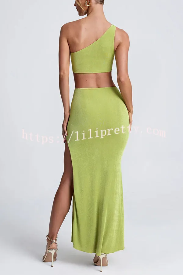 Kimora One Shoulder Cutout Detail Asymmetric Slit Stretch Maxi Dress
