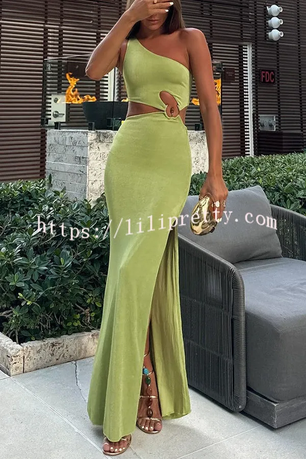 Kimora One Shoulder Cutout Detail Asymmetric Slit Stretch Maxi Dress