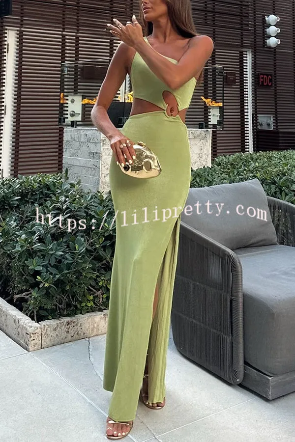 Kimora One Shoulder Cutout Detail Asymmetric Slit Stretch Maxi Dress