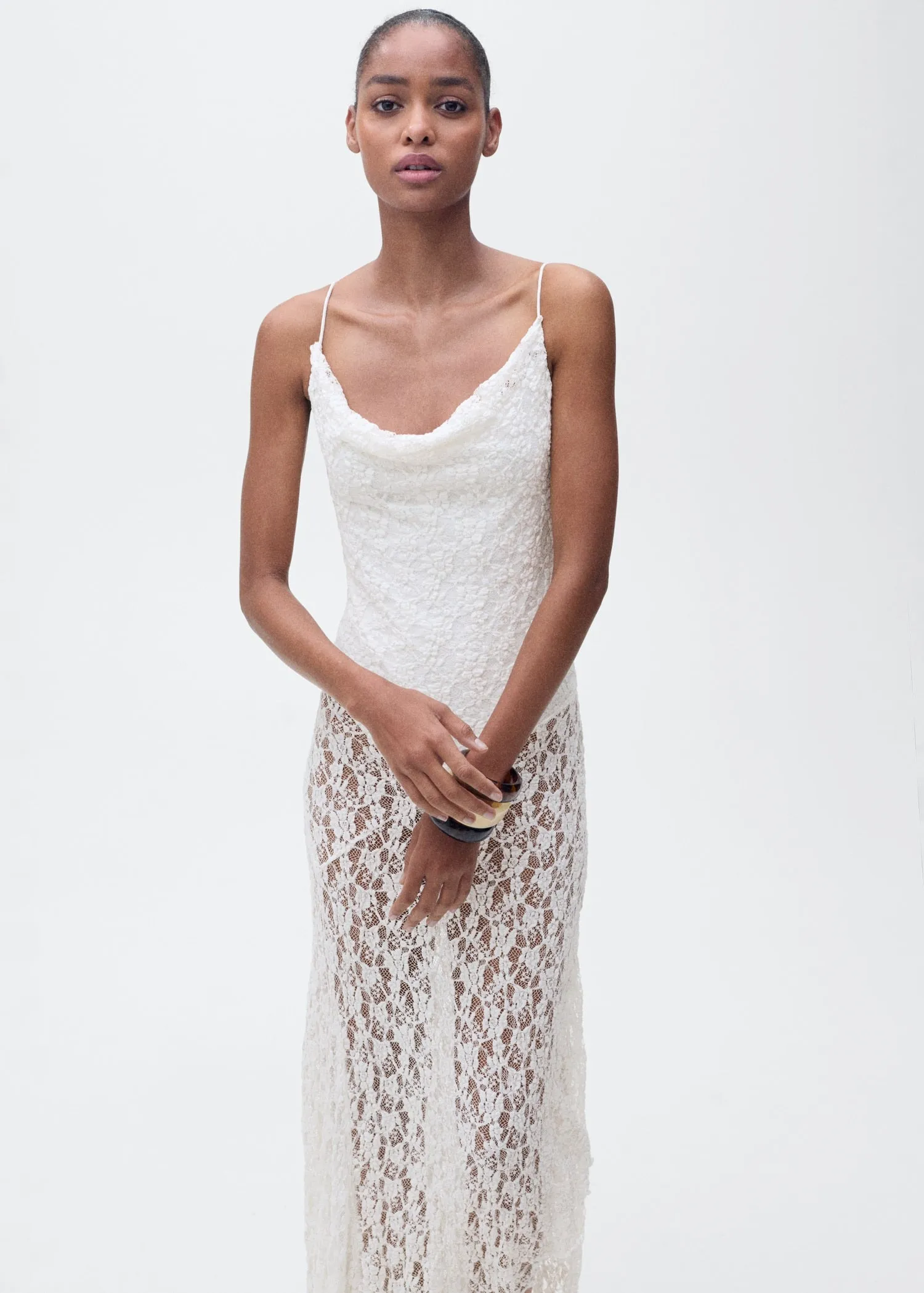 Lace dress with draped neck