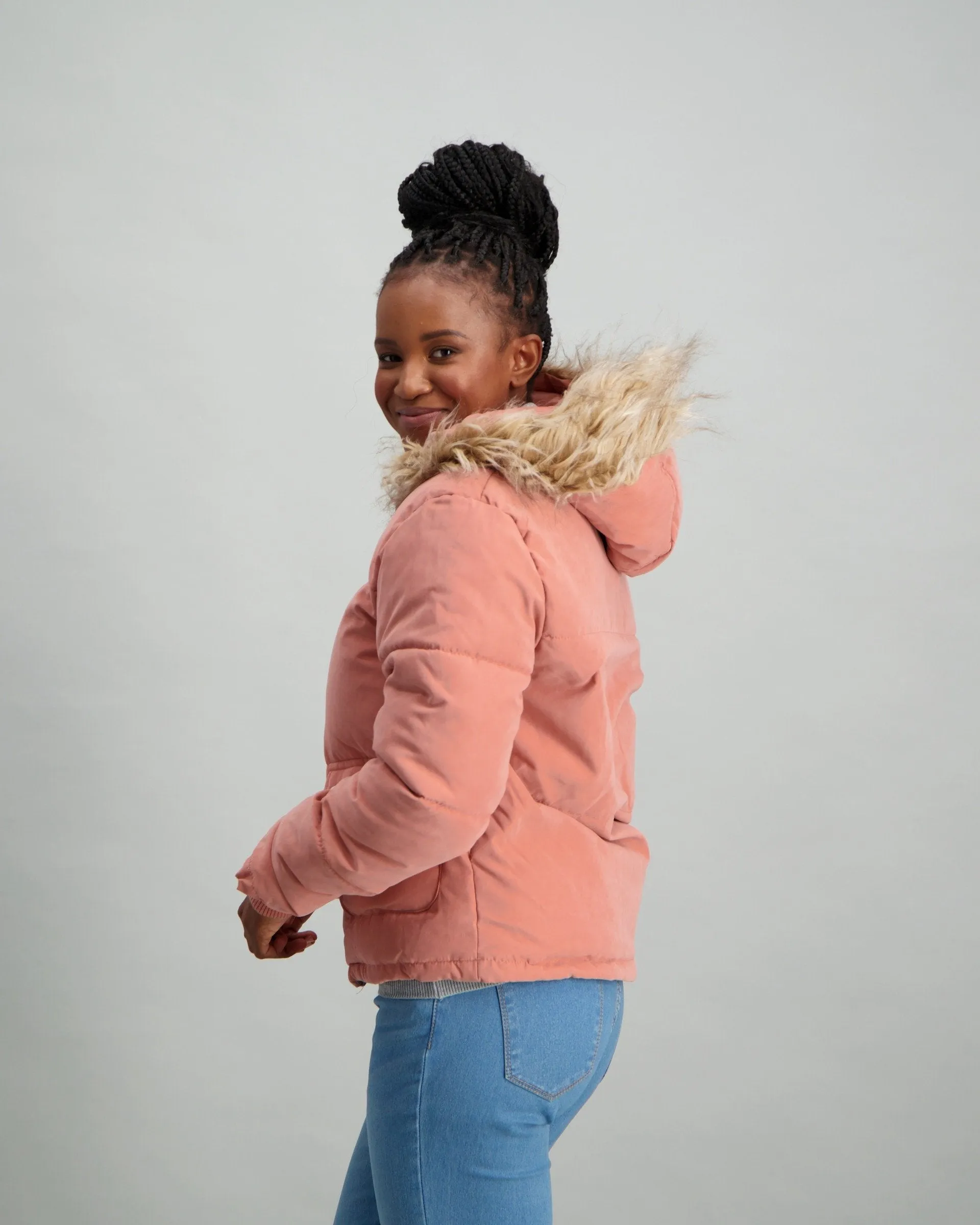 Ladies Fur Trim Bomber Hoodie - Pink