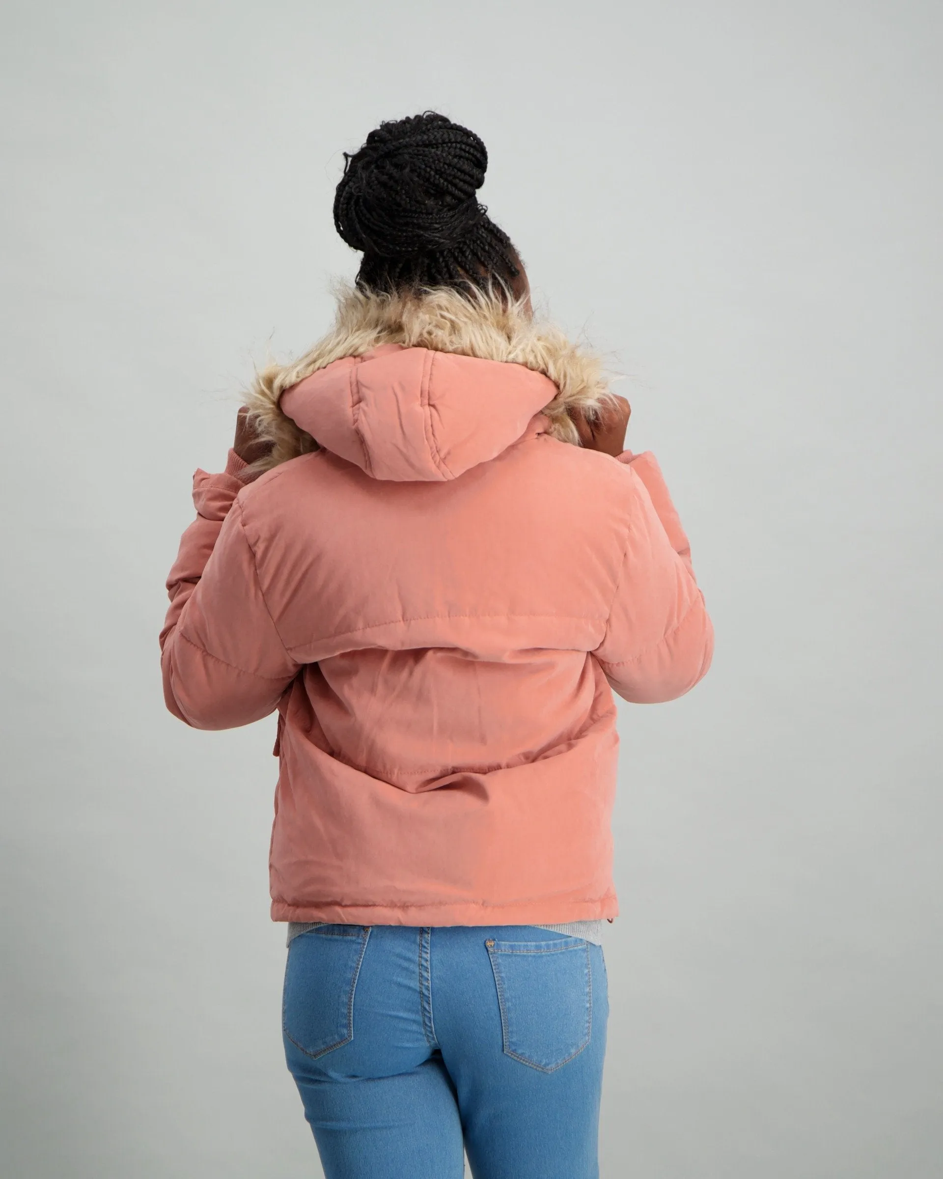 Ladies Fur Trim Bomber Hoodie - Pink
