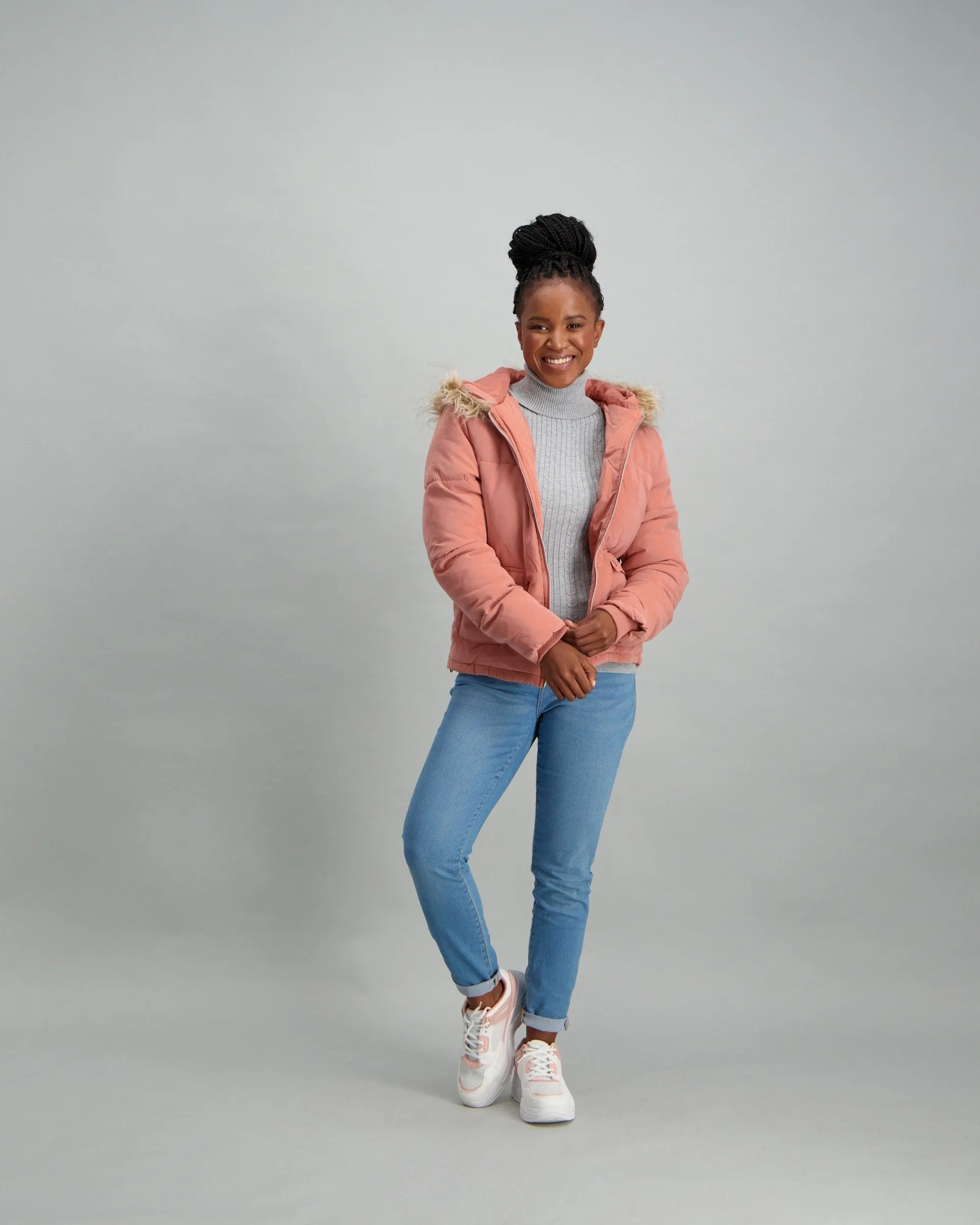 Ladies Fur Trim Bomber Hoodie - Pink