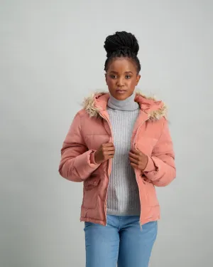 Ladies Fur Trim Bomber Hoodie - Pink